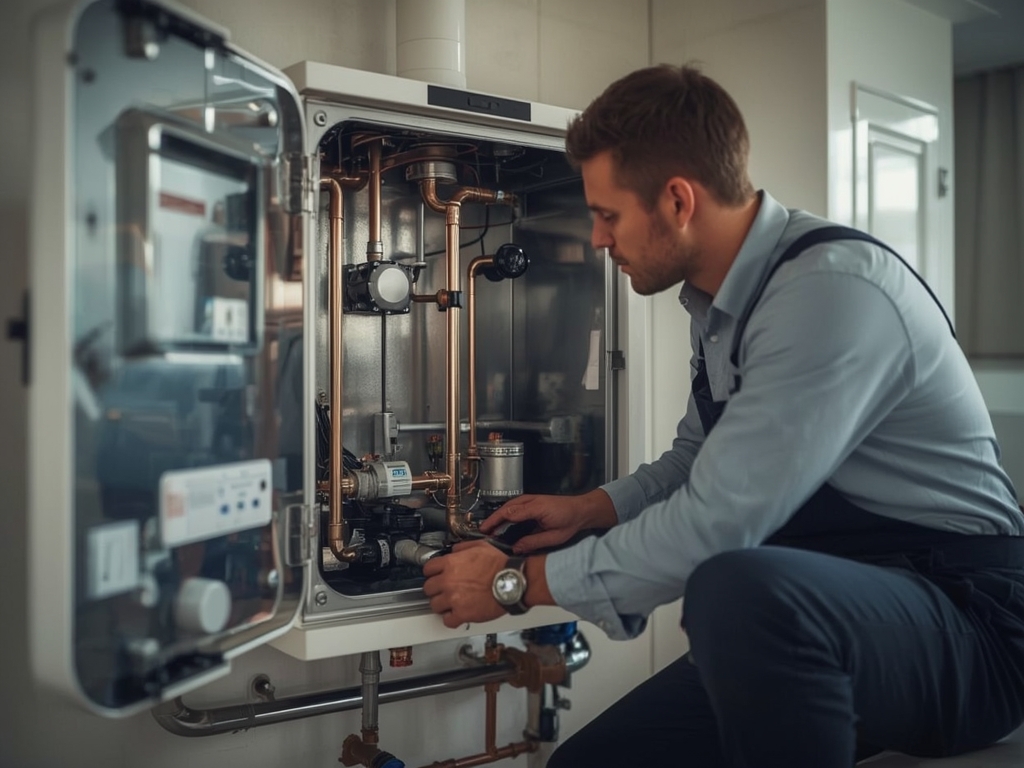 monteur voert onderhoudsbeurt aan cv-ketel uit