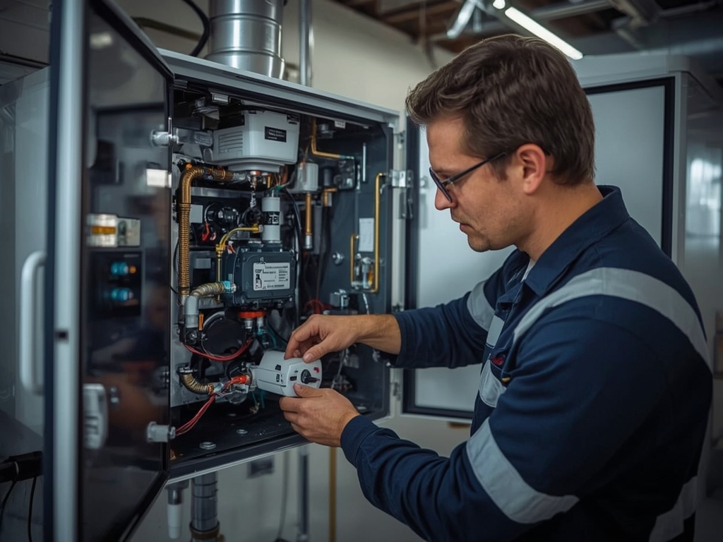 monteur voert cv ketel onderhoud uit